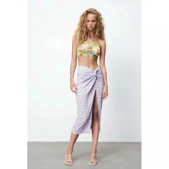 NWT Zara Plaid  Gingham Pastel Twist Front Skirt - Picture 7 of 9